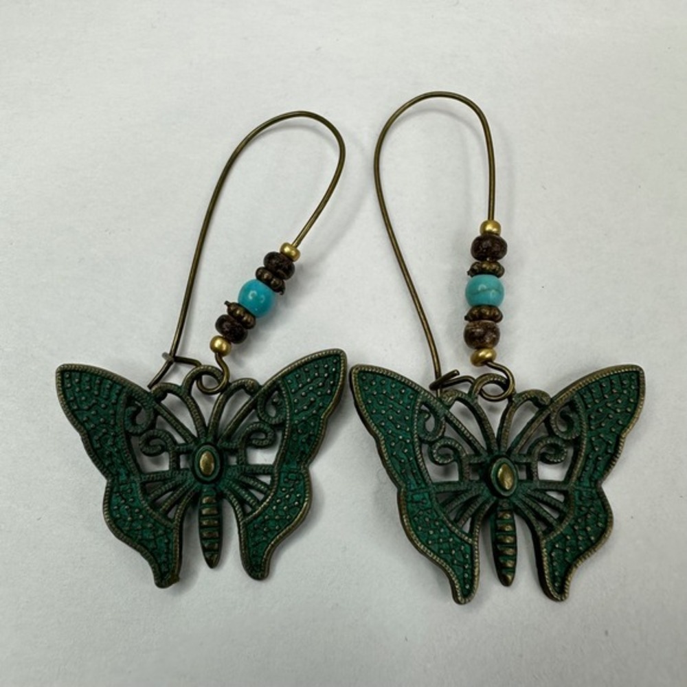 Boho Butterfly Dangle Earrings Turquoise Bead Antique Bronze Finish Bohemian